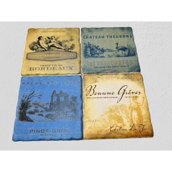 Set of 4 Coasters with French Wine Labels 4" x 4" - Picture 1 of 5